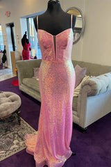 Prom Dresses For 037, Pink Sequin Split Neck Mermaid Long Prom Gown