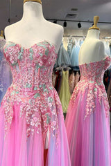 Prom Dresses Long Sleeves, Pink Tulle Floral Appliques Sweetheart A-Line Prom Dress