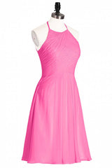 Bridesmaid Dress Different Styles, Neon Pink Halter A-Line Short Bridesmaid Dress