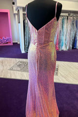 Prom Dress Styles, Pink Sequin Split Neck Mermaid Long Prom Gown