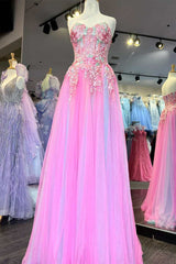 Prom Dresses Floral, Pink Tulle Floral Appliques Sweetheart A-Line Prom Dress