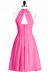 Bridesmaid Dress Inspo, Neon Pink Halter A-Line Short Bridesmaid Dress