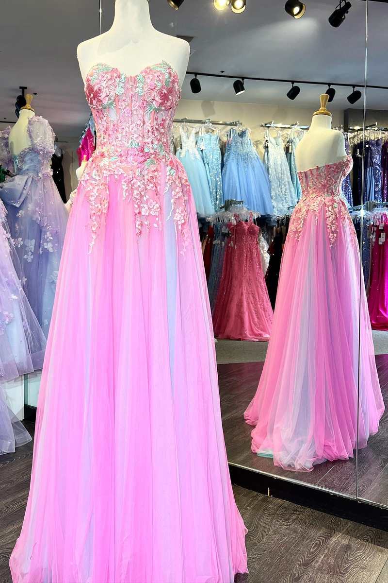 Prom Dress Elegent, Pink Tulle Floral Appliques Sweetheart A-Line Prom Dress