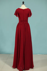 Homecoming Dress Shorts, Red Chiffon V-Neck Ruffled A-Line Long Bridesmaid Dress