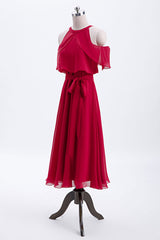 Homecoming Dresses 2031, Red Chiffon Cold Sleeves Short Ruffles Bridesmaid Dress