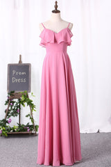 Prom Dresses With Pockets, Pink Chiffon Straps Ruffled A-Line Long Bridesmaid Dress