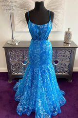 Prom Dressed A Line, Blue Floral Lace Backless Trumpet Long Prom Gown