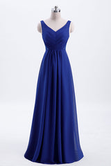 Evening Dresses Simple, Royal Blue Pleated A-line Chiffon Long Bridesmaid Dress