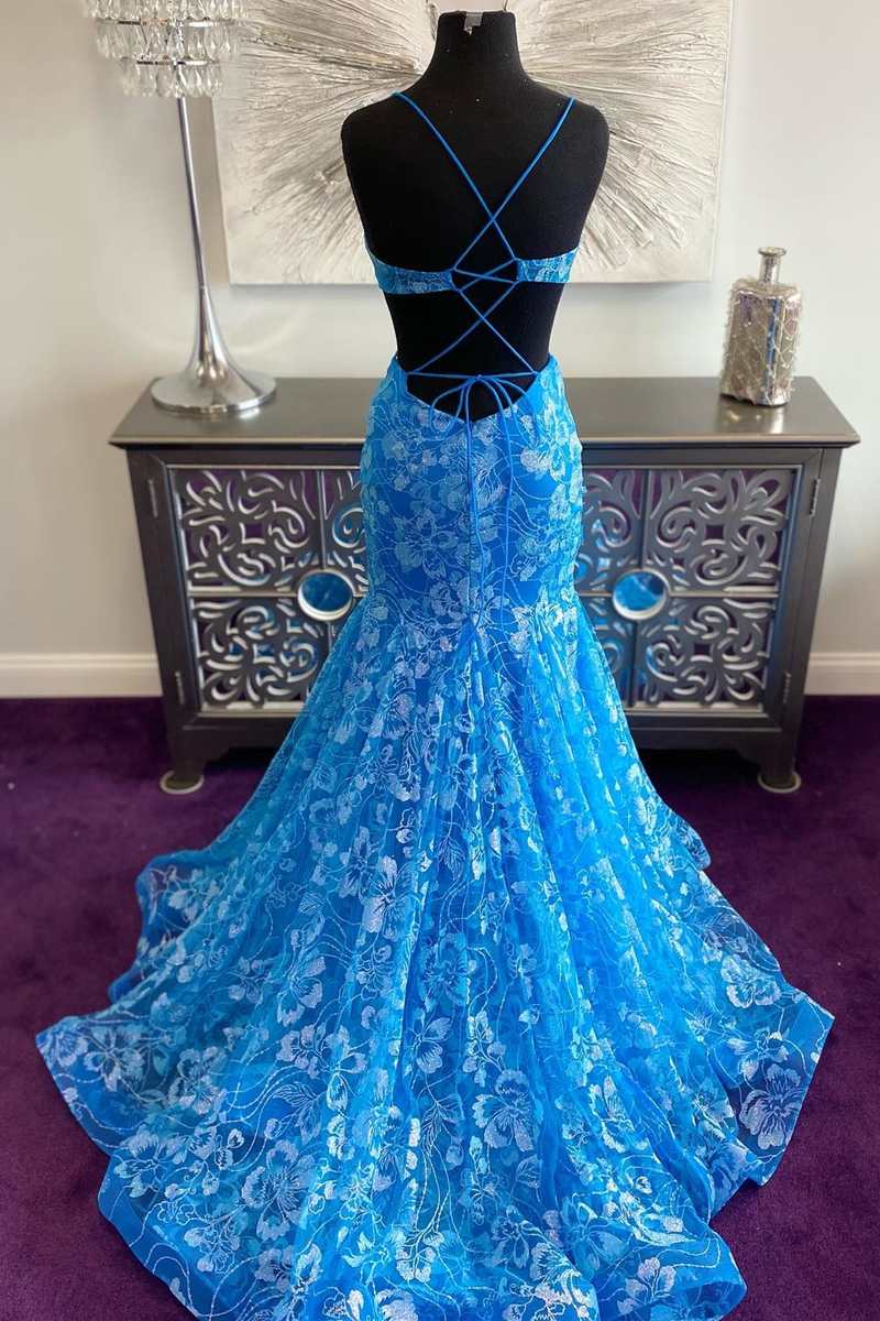 Prom Dresses Green, Blue Floral Lace Backless Trumpet Long Prom Gown