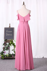 Prom Dress Long Blue, Pink Chiffon Straps Ruffled A-Line Long Bridesmaid Dress