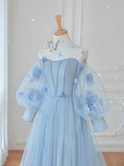 Bridesmaid Dress Shops, Blue Tulle Lace Long Prom Dress, Blue Tulle Lace Long Evening Dress