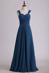 Bridesmaid Dress Summer, Navy Blue Chiffon Sweetheart A-Line Long Bridesmaid Dress