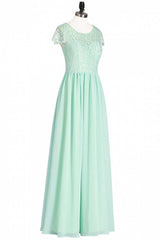 Formal Dress Long Gown, Sage Green Lace and Chiffon Cap Sleeve A-Line Long Bridesmaid Dress