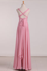 Prom Dress Casual, Pink V-Neck Lace-Up Long Bridesmaid Dress