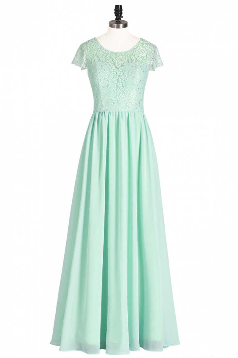 Formal Dresses Long Gowns, Sage Green Lace and Chiffon Cap Sleeve A-Line Long Bridesmaid Dress