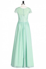 Formal Dress Long Gowns, Sage Green Lace and Chiffon Cap Sleeve A-Line Long Bridesmaid Dress