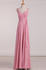 Prom Dress With Long Sleeves, Pink V-Neck Lace-Up Long Bridesmaid Dress