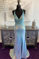 Prom Dresses Open Back, Blue Iridescent Sequin V-Neck Lace-Up Back Mermaid Long Prom Dress