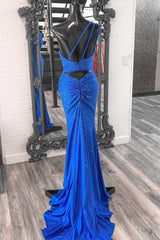 Prom Dresses Guide, Blue Beaded One-Shoulder Ruched Long Formal Dress with Slit