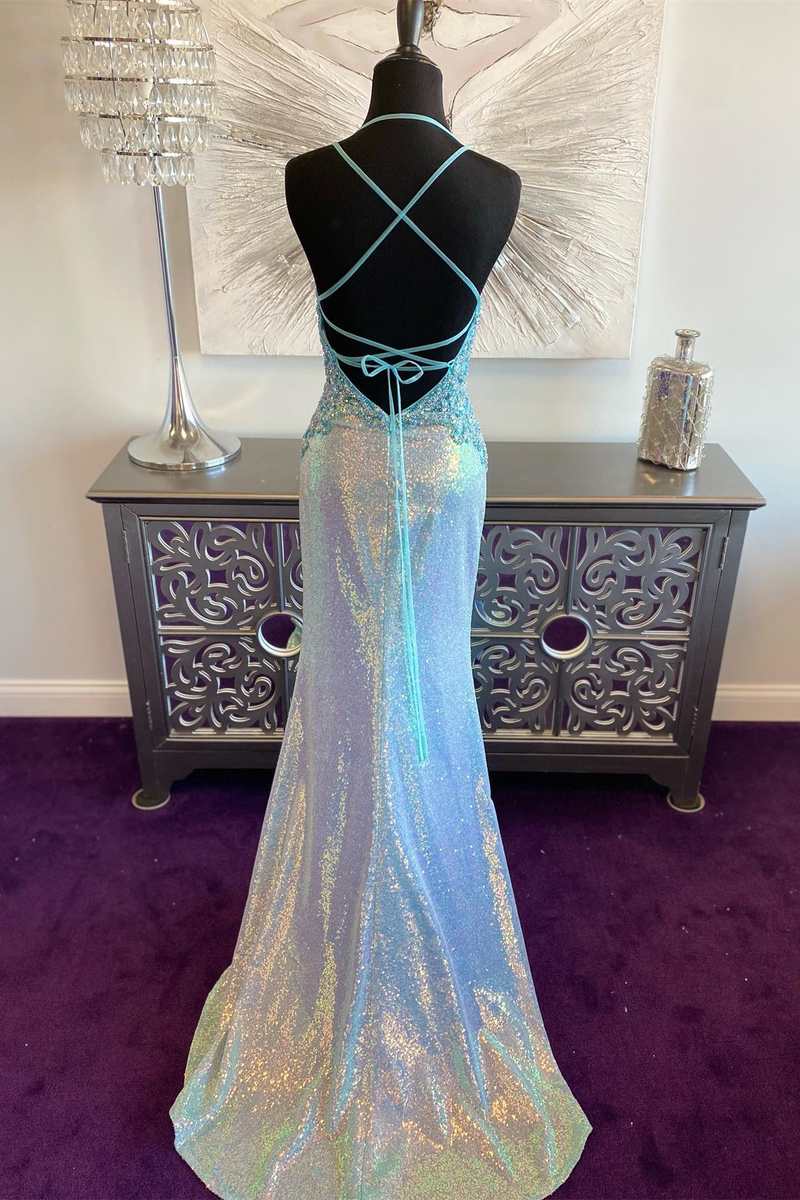 Prom Dress 2036, Blue Iridescent Sequin V-Neck Lace-Up Back Mermaid Long Prom Dress