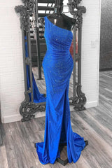 Prom Dresses Chiffon, Blue Beaded One-Shoulder Ruched Long Formal Dress with Slit