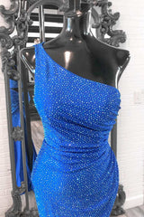 Prom Dress Guide, Blue Beaded One-Shoulder Ruched Long Formal Dress with Slit