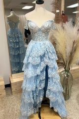 Bridal Shoes, Light Blue Lace Sweetheart Tiered Long Prom Dress with Slit