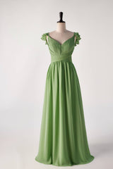 Grad Dress, Flare Straps Matcha Green Long Bridesmaid Dress