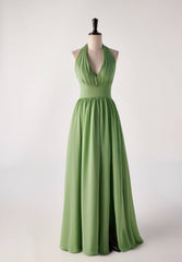 Bridesmaid Dresses Long, Halter V Neck Matcha Green Long Bridesmaid Dress