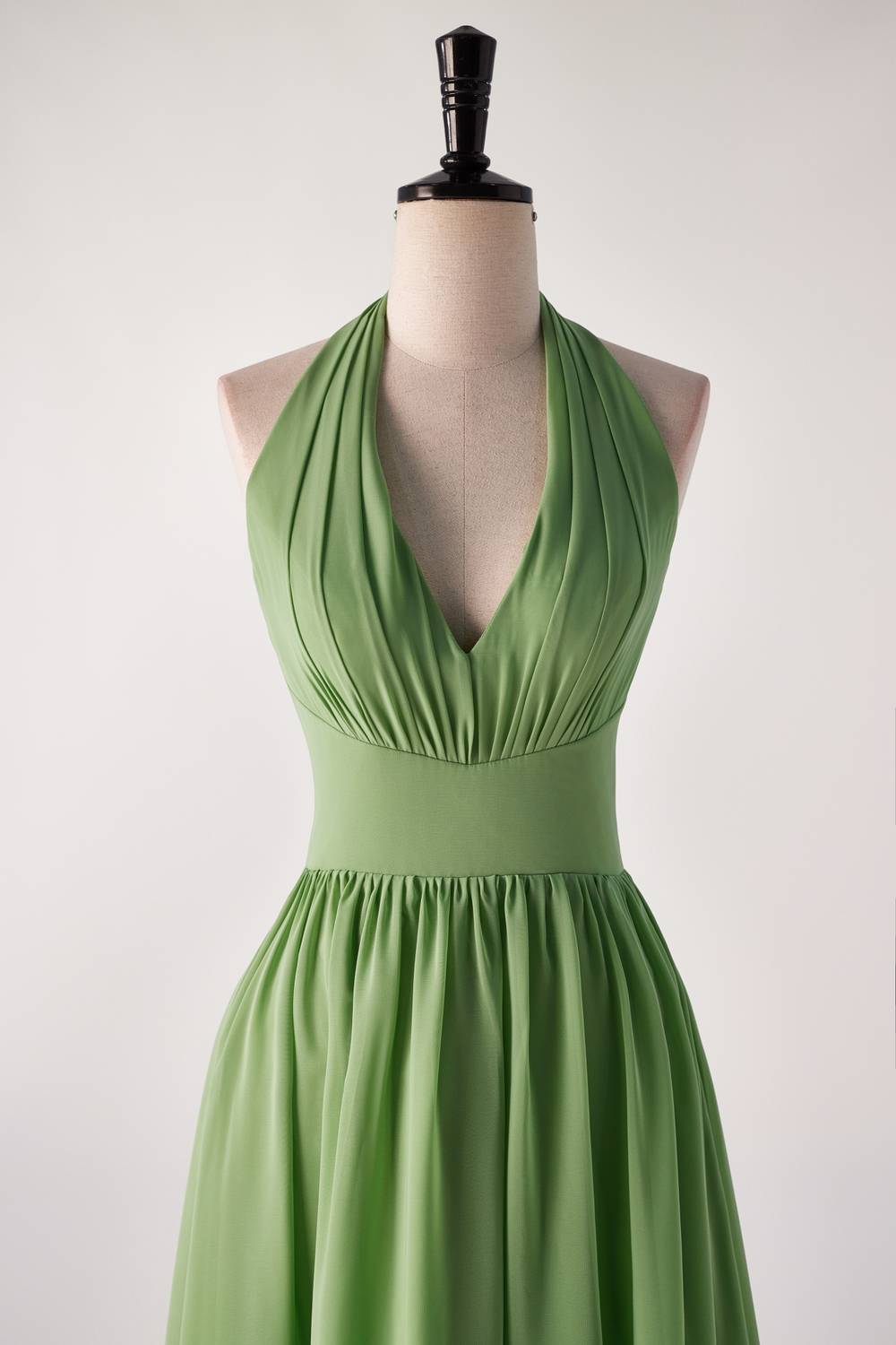 Bridesmaid Dress Elegant, Halter V Neck Matcha Green Long Bridesmaid Dress