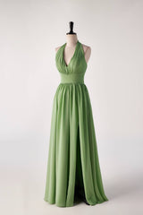 Bridesmaid Dress Ideas, Halter V Neck Matcha Green Long Bridesmaid Dress