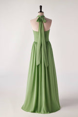 Bridesmaid Dress Formal, Halter V Neck Matcha Green Long Bridesmaid Dress