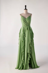 Bridesmaid Dresses Fall, Matcha Green Ruffles Faux Wrap Bridesmaid Dress