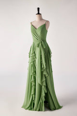 Bridesmaid Dresses Online, Matcha Green Ruffles Faux Wrap Bridesmaid Dress