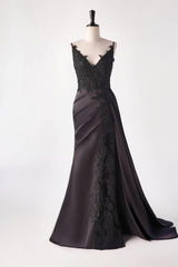 Prom Dresses With Short, Black Satin Appliques Mermaid Long Dress with Slit