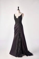Prom Dress With Shorts, Black Satin Appliques Mermaid Long Dress with Slit
