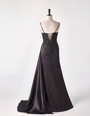 Prom Dresses With Shorts, Black Satin Appliques Mermaid Long Dress with Slit