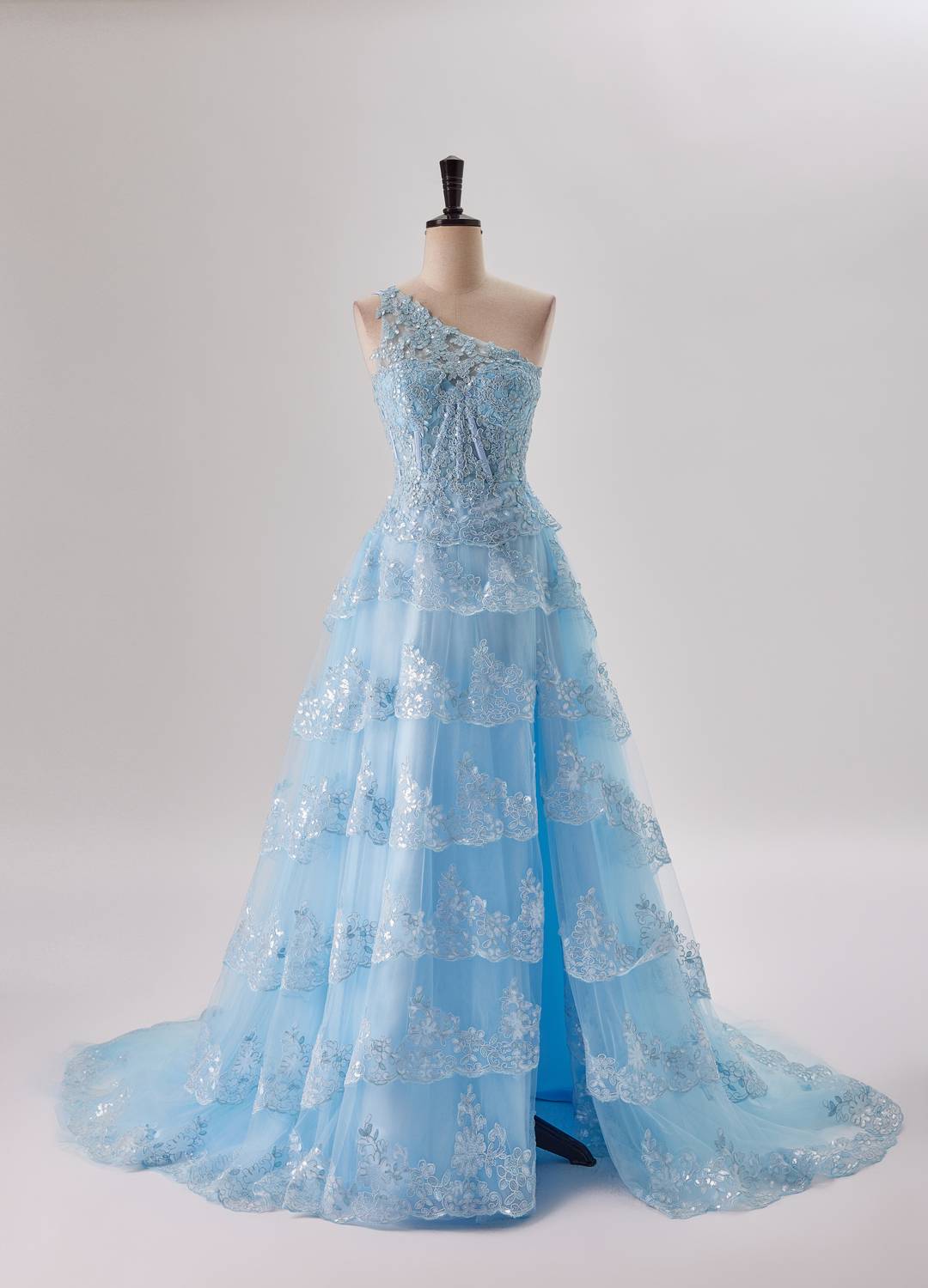 Bridesmaid Dresses By Color, One Shoulder Light Blue Appliques Ruffle Formal Dress