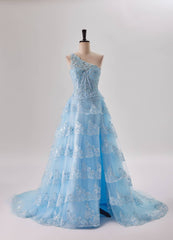 Prom Dresses Patterns, One Shoulder Light Blue Appliques Ruffle Formal Dress
