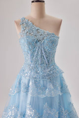 Prom Dresses Pattern, One Shoulder Light Blue Appliques Ruffle Formal Dress