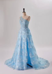 Prom Dresses Patterned, One Shoulder Light Blue Appliques Ruffle Formal Dress