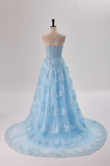 Prom Dress Pattern, One Shoulder Light Blue Appliques Ruffle Formal Dress