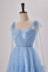 Prom Dress Fitted, Starry Light Blue Tulle A-line Princess Dress