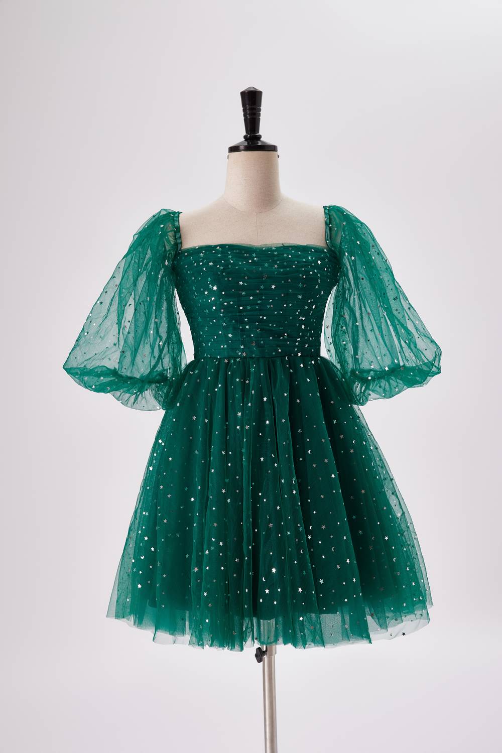 Prom Dress With Tulle, Starry Dark Green Convertible Short Party Dress
