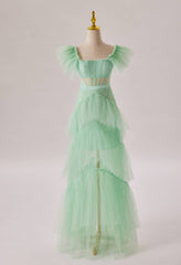Bridesmaid Dress Pink, Mint Green Flare Sleeves Ruffles Long Party Dress