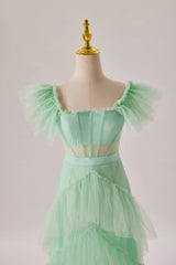 Bridesmaids Dress Pink, Mint Green Flare Sleeves Ruffles Long Party Dress