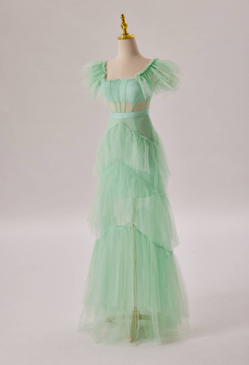 Bridesmaids Dresses Pink, Mint Green Flare Sleeves Ruffles Long Party Dress