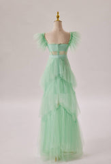 Bridesmaid Dresses Mismatched Spring Wedding Colors, Mint Green Flare Sleeves Ruffles Long Party Dress