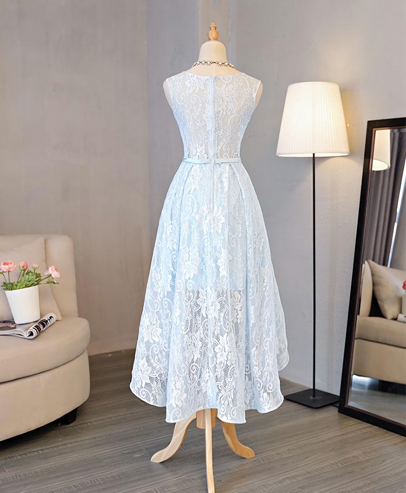 Party Dresses Teen, Light Blue Lace High Low Prom Dress, Homecoming Dress