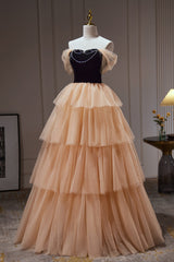 Bridesmaid Dresses Winter, Champagne Off The Shoulder Evening Gown A Line Tulle Long Prom Dresses